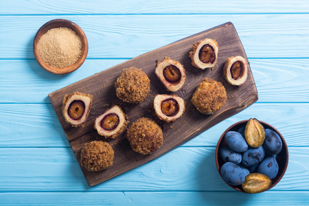 Traditional Austrian plum dumplings . Sweet homemade dessertの写真素材