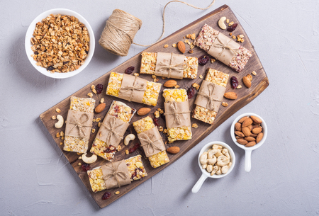 Healthy homemade snacks breakfast . Granola bars . Food vegan energy backgroundの写真素材