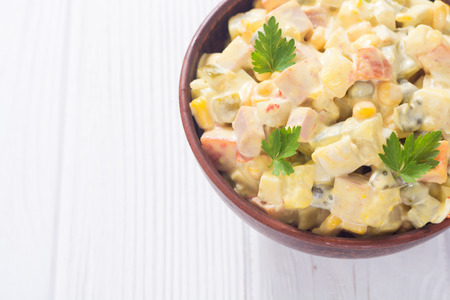 Traditional Mayonnaise Russian salad olivier . Food background. Christmas menuの写真素材