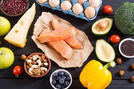 Keto diet ingredient . Healthy background . Ketogenic protein food .の写真素材