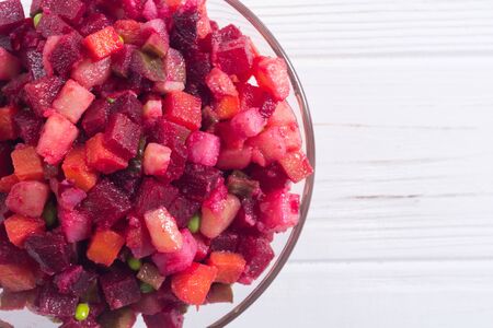 Traditional Russian salad vinaigrette . Food background. Christmas menuの写真素材