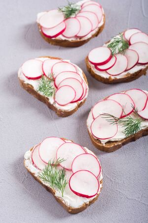 Healthy vegetable toasts sandwich with radish and dill . Food backgroundの写真素材