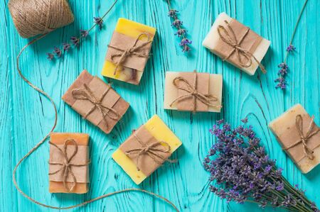 Handmade natural soap with lavender  . Spa photo on rustic background