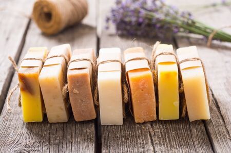 Handmade natural soap with lavender  . Spa photo on rustic backgroundの写真素材