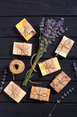 Handmade natural soap with lavender  . Spa photo on rustic backgroundの写真素材