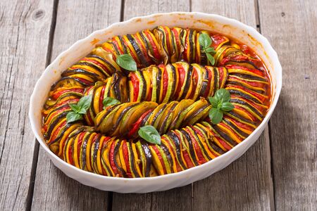 Traditional French cooked provencal vegetable dish - Ratatouille . Food backgroundの写真素材