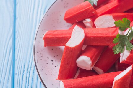 Crab sticks from fish protein (surimi). Seafood backgroundの写真素材