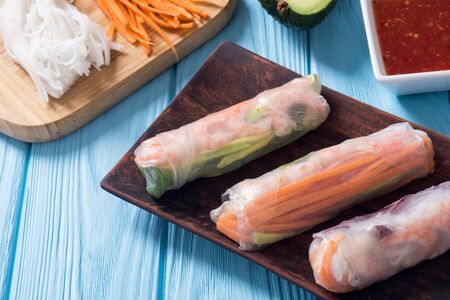 Vietnamese spring rolls with vegetables, rice noodles and shrimps