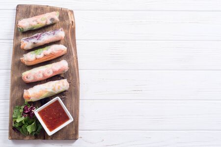 Vietnamese spring rolls with vegetables, rice noodles and shrimps