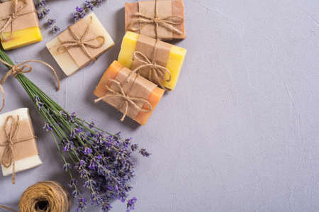 Handmade natural soap with lavander. Spa photo on rustic backgroundの写真素材