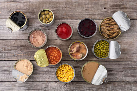 Variety Canned food. Fish, meat and vegetables. Conserve background