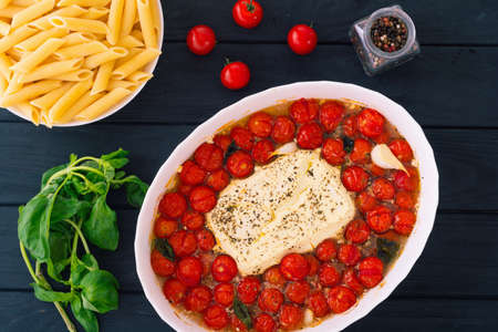 Healthy vegetarian italian baked feta pasta. Food backgroundの写真素材