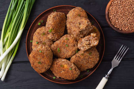 Healthy vegetarian food background photo. Fried buckwheat cutletsの写真素材