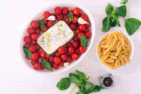 Healthy vegetarian italian feta pasta ready to baked