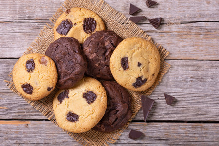 Group of homemade american chocolate cookies. top view