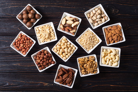 Mix of nuts in bowl. food background top view