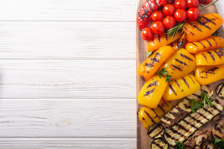 Colorful grilled vegetables on a pan barbecue. top viewの写真素材