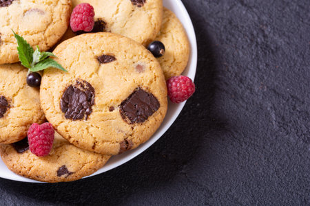Group of homemade american chocolate cookies. front view