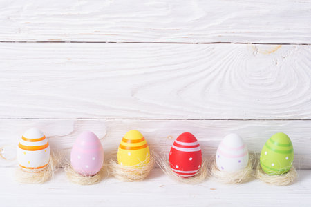 Easter eggs in basket. colorful photo with copy space