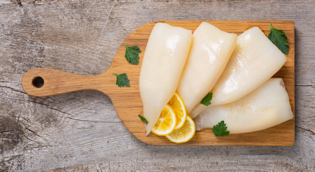Fresh seafood background. Squid tubes with lemonの写真素材