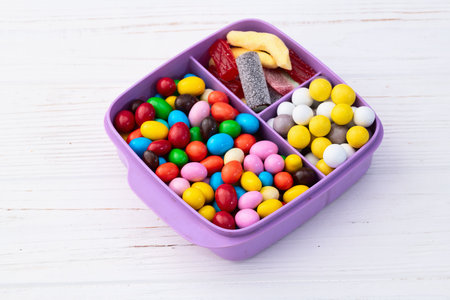 Mix of colorful candies. Multicolored unhealthy background. Sweet dessert top viewの写真素材