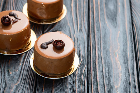 Sweet dessert. Caramel chocolate cake. Top viewの写真素材