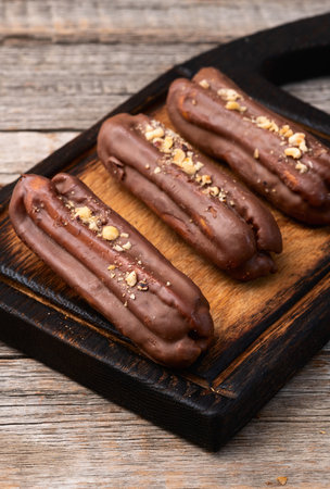 Classic French chocolate eclair. Food background top view