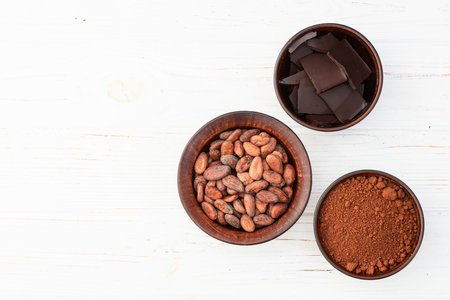 Cocoa beans grain in bowl. Ingredient for preparing chocolate. Food background. Top viewの写真素材