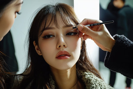 A professional makeup artist applies precise winged eyeliner on a model, highlighting her glowing skin under studio lighting.の素材