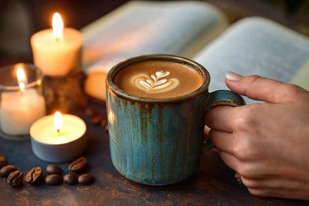 A hand grips a vintage-style ceramic mug filled with coffee, surrounded by an open book and a lit candle, creating a warm, rustic ambiance.の素材