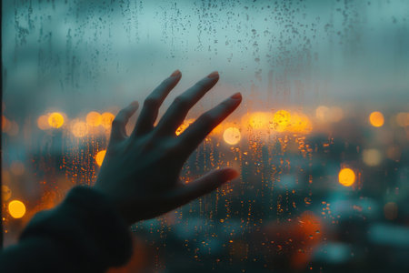 Close-up of a hand touching a misted window, with blurred urban lights in the background, creating an introspective and emotional scene.の素材