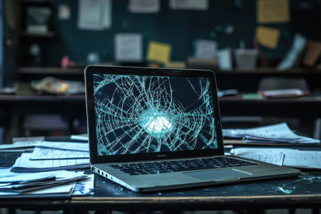 A damaged laptop with a shattered screen sits on a desk in a classroom, surrounded by scattered papers and books, evoking a sense of disarray.の素材