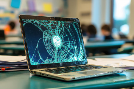 A damaged laptop with a shattered screen sits on a desk in a classroom, surrounded by scattered papers and books, evoking a sense of disarray.の素材