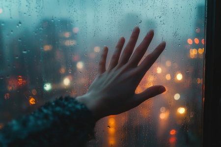Close-up of a hand touching a misted window, with blurred urban lights in the background, creating an introspective and emotional scene.の素材