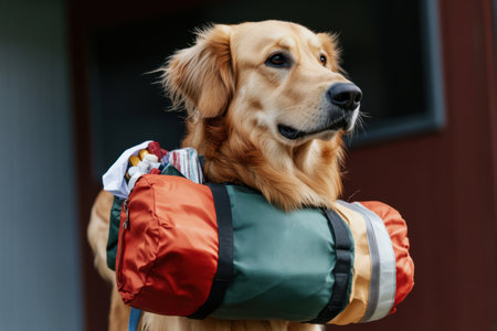 A rescue dog with a medical supply bag assisting during a search-and-rescue mission, showcasing bravery and loyalty, realistic and emotional.の素材