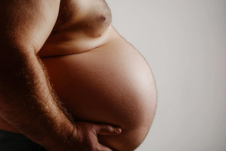 A detailed close-up of a plus-sized man's stomach in natural light, set against a clean white background, empowering and photorealistic.の素材