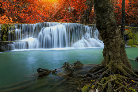huay mae khamin waterfall in thailand on autumn seasonの写真素材