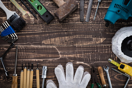 mechanic equipment tool on table top viewの写真素材