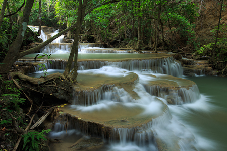 beauty waterfall in nature, huay mae khamin national park thailandの写真素材