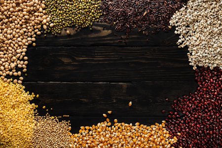 cereal product blank space on wood background top viewの写真素材