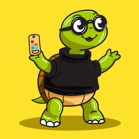 Cartoon turtle with remote control on yellow background. Vector illustration.