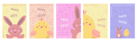 Set of Easter Posters with cute bunny and small chickenâvector illustration.のイラスト素材