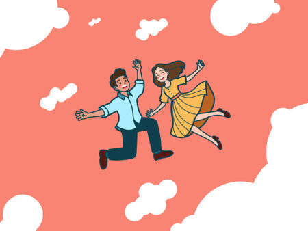 Happy couple jumping in the clouds. Vector illustration in cartoon style.のイラスト素材