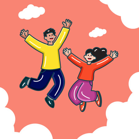Happy Family Jumping in the Sky. Vector Illustration of Father, Mother and Daughterのイラスト素材