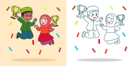 Cute cartoon trophy cup icons set. Flat design. Vector illustration. Emoticon set.のイラスト素材