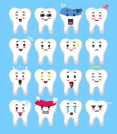 Tooth Emoticon Set for an Emoji Project or Design Elements. cartoon tooth character icon set vector design. teeth character vector designのイラスト素材
