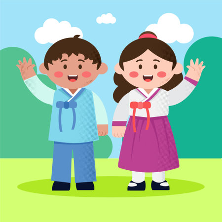 cute little boy and girl in Korean traditional clothes, vector illustrationのイラスト素材