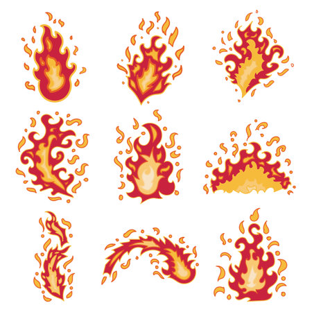 Set of fire flames isolated on white background. Vector cartoon illustration.のイラスト素材