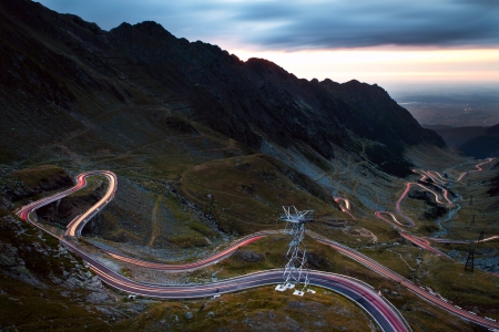 Car lights by night, photo taken in Transfagarasan Romaniaの写真素材