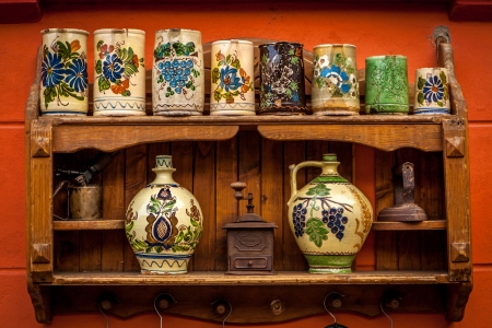 Various ceramic traditional pottery lined up for sale.のeditorial素材
